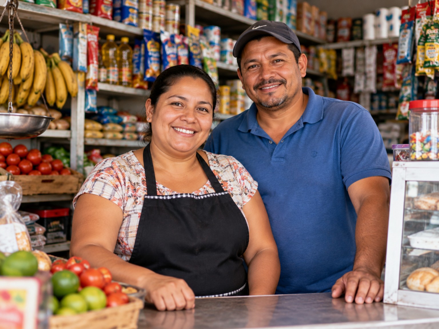 Pareja de pequeños comerciantes en su negocio