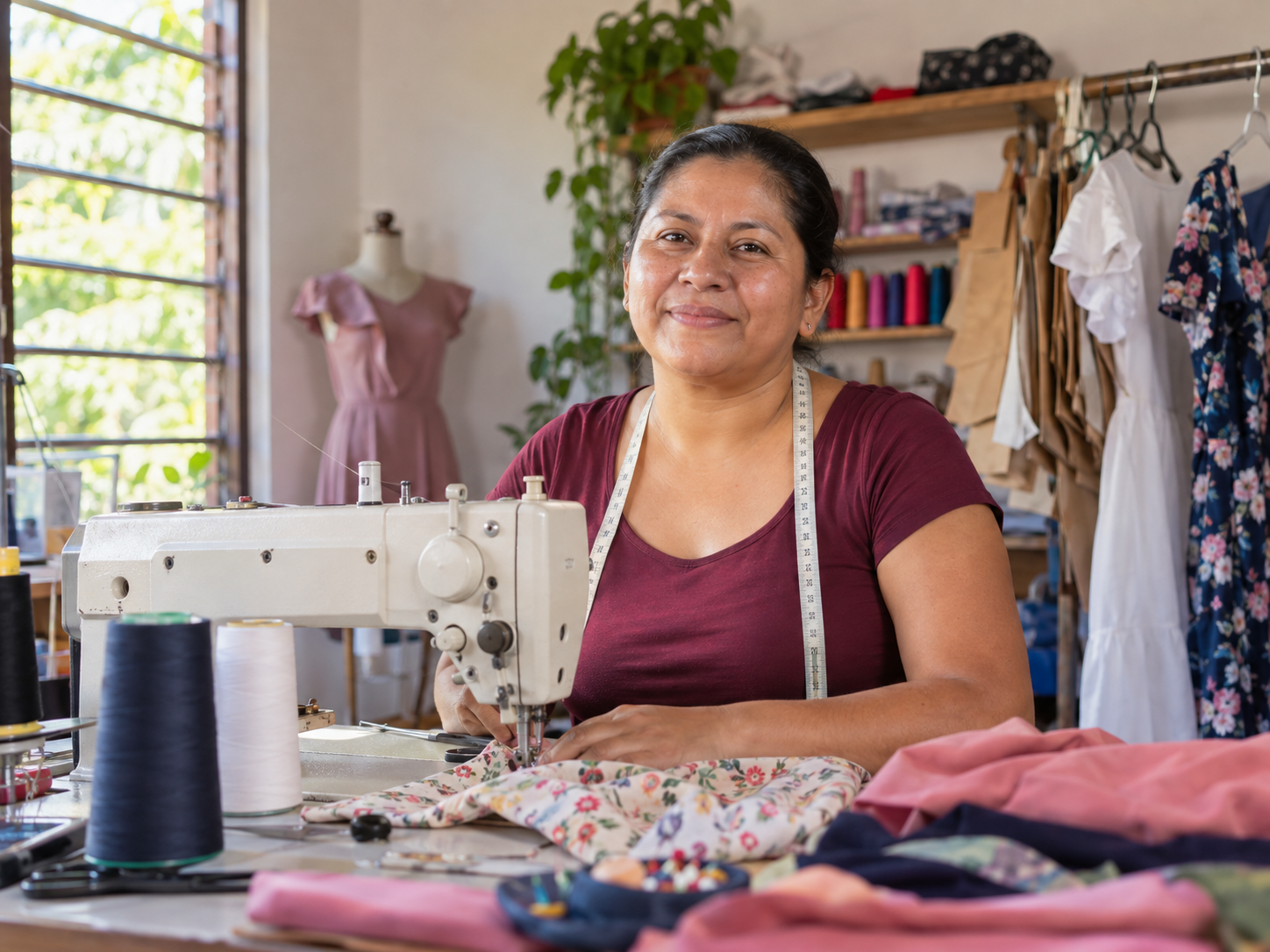 Costurera trabajando en su taller con una máquina de coser