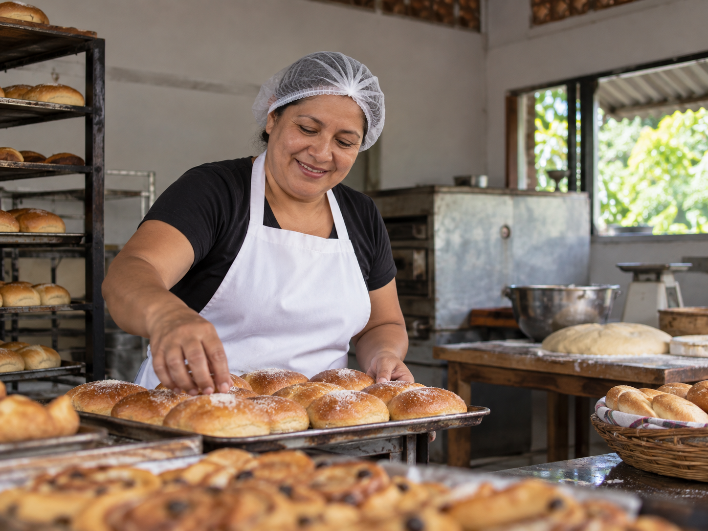 Panadera trabajando con productos recién horneados